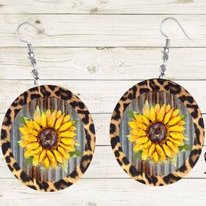 Sunflower on Tin with Cheetah Edge Round Earrings